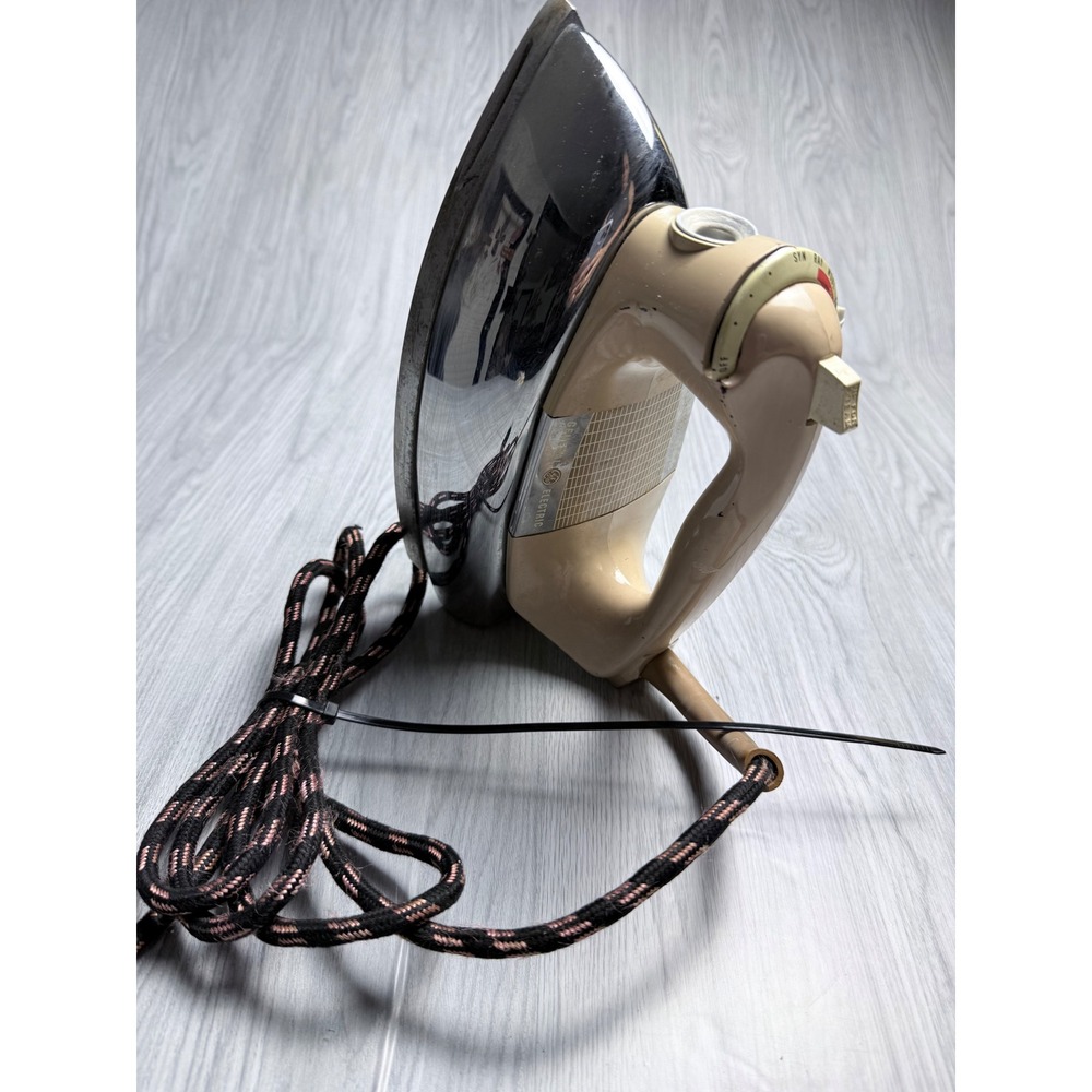 Vintage General Electric GE Steam Dry Iron Tan Chrome Mid Century Modern MCM
